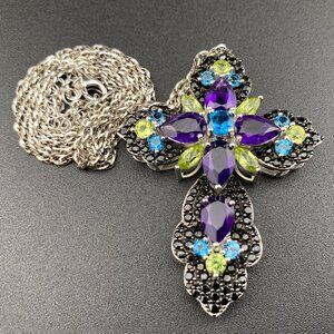 Amethyst Manchurian Peridot Sterling Silver Cross Pendant 10.95 Ct 24-26" chain